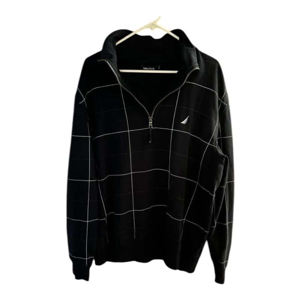 Nautica Mens Dark Blue Windowpane 1/3 Zip Neck Pullover Cotton Blend size xl